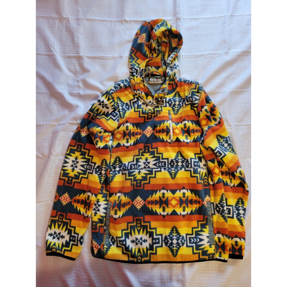 Dravus Mens XL Southwestern Fleece Hoodie Orange Yellow Geometric Pullover